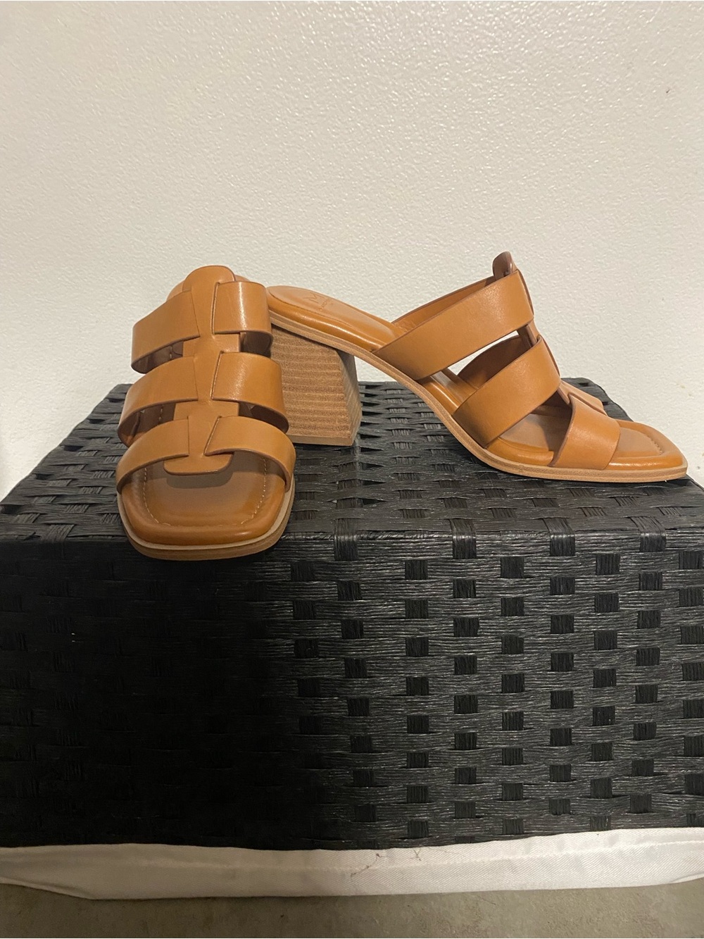 Marc Fisher Tan Leather Strappy Block Heel Mules